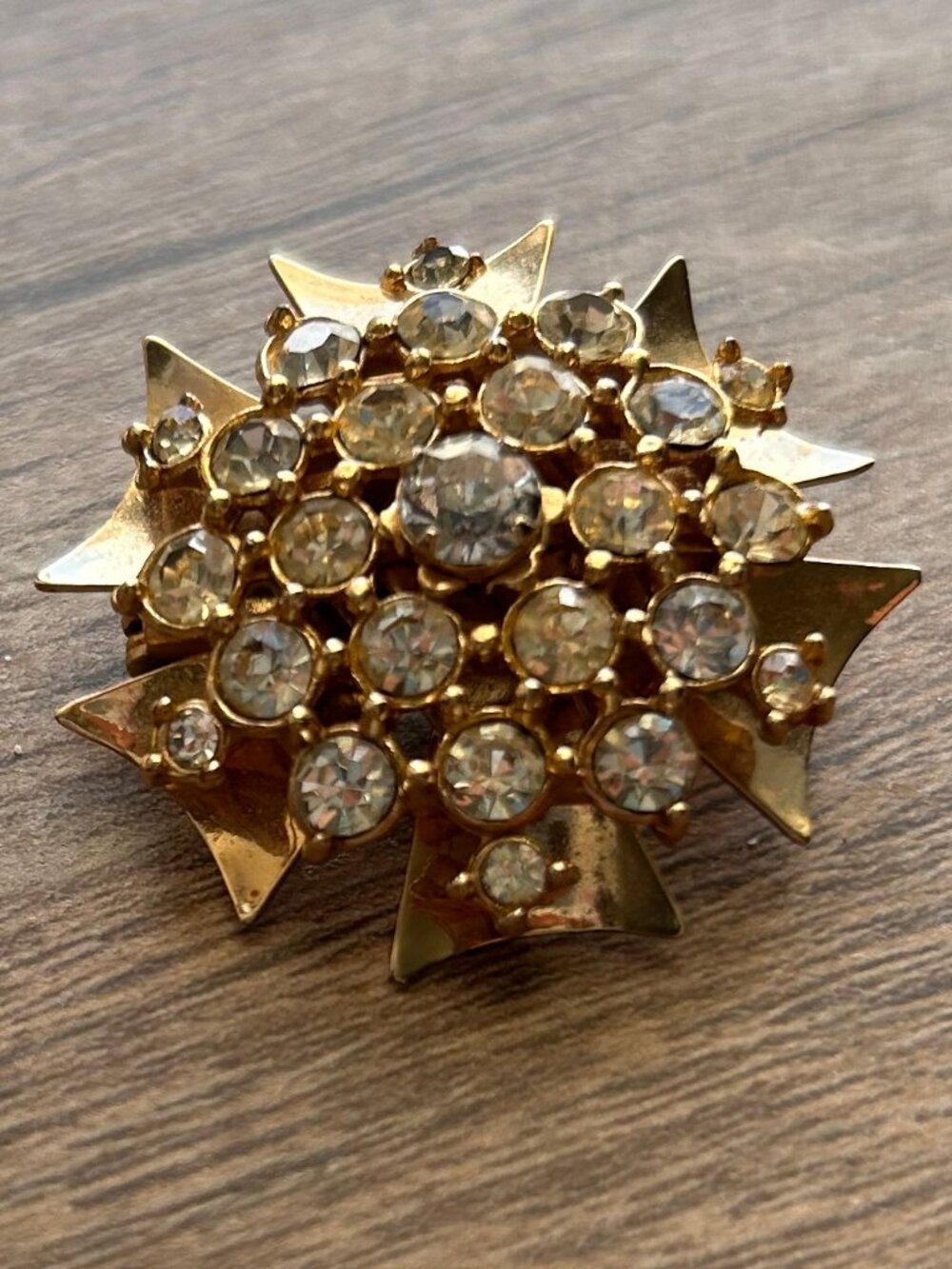 Vintage Rhinestone Starburst Brooch Pendant Gold Tone Convertible Pin